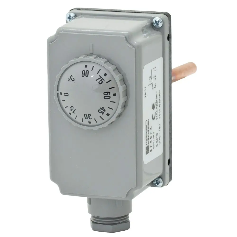 Tauchthermostat von ESBE mit einem drehbaren Temperaturregler von 30 bis 90 Grad und einem Anschluss zur Temperaturmessung. Gehäuse in grauer Farbe.